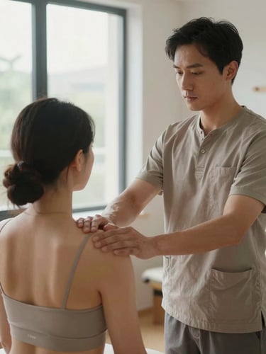 Physiotherapist at eye level in a clean treatment room, guiding a patient through a shoulder elevation movement, natural daylight from a large window, warm taupe and white tones, hands visible and engaged, calm professional presence