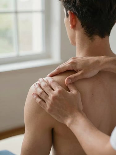 Close-up of physiotherapist hands palpating a patient's shoulder, patient seated mid-assessment in a calm treatment room, natural daylight from a north-facing window illuminating the contact point, warm neutral tones, no studio flash