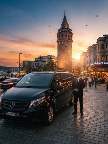 Wide angle shot of a spotless black Mercedes Vito parked near Galata Tower at dusk, golden hour reflections on sleek car body, professional chauffeur waiting, 35mm