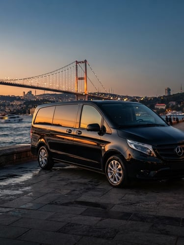Sleek automotive photography of a spotless polished black Mercedes Vito parked near Bosphorus Bridge at dusk, golden hour reflections on the metallic body, sharp focus, 35mm
