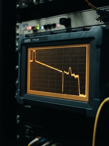 Crisp technical photography of an OTDR trace graph on a dark dashboard screen, glowing amber waveform, high contrast, low-key server room lighting, 35mm