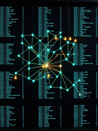Straight-on screenshot of a high-density network topology map on a dark screen, glowing cyan nodes connected by thin emerald lines, amber warning indicators on a degraded link, monospace data overlays, low-key technical aesthetic.