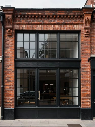 Straight-on architectural elevation of a restored brick storefront with tall black-steel windows, clean overcast daylight, sharp structural lines.