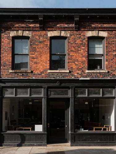 Straight-on architectural elevation of a restored brick and timber commercial building, dramatic side lighting casting long shadows across the facade, highly detailed masonry.