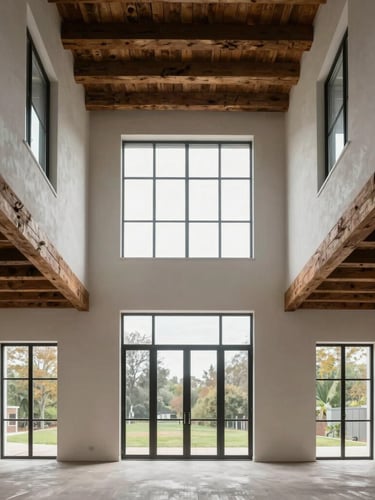 Straight-on architectural elevation of a high-volume residential interior, double-height ceilings, exposed original timber beams, soft overcast natural daylight pouring through steel-sash windows.