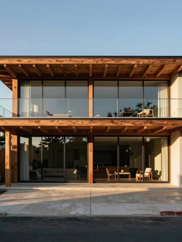 Straight-on architectural elevation of a mid-century modern residence, exposed timber beams, floor-to-ceiling glass walls, warm late afternoon low-sun casting long shadows.