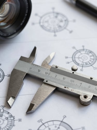 Macro close-up of technical blueprint schematics overlaid with a steel caliper, stark natural lighting on a work desk