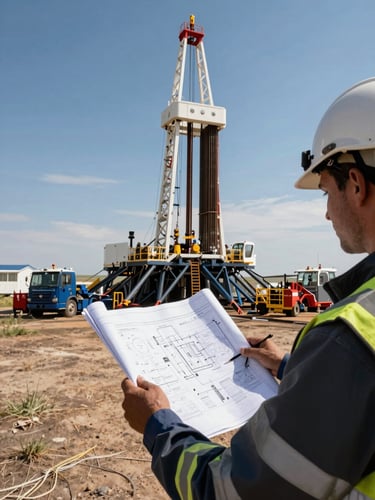 Stark daylight wide shot of an active drilling rig in the Montana plains, structured steel towers, professional in high-visibility PPE holding technical schematics in the foreground, sharp focus on blueprint details.