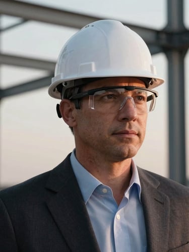 A professional portrait of CEO Darren S. Gollehon on site, wearing a clean white hard hat and safety glasses, looking off-camera against a background of steel infrastructure at dawn.