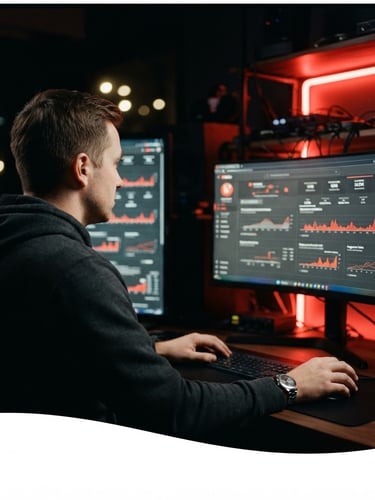 Over-the-shoulder shot of a video editor analyzing a YouTube analytics dashboard, glowing monitors, neon red key lights, shallow depth of field, cinematic 35mm.