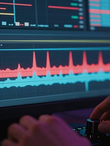 Close-up of a professional video editing timeline on a wide monitor, glowing neon red and blue audio waves, hands adjusting a mechanical dial in the foreground, shallow depth of field.