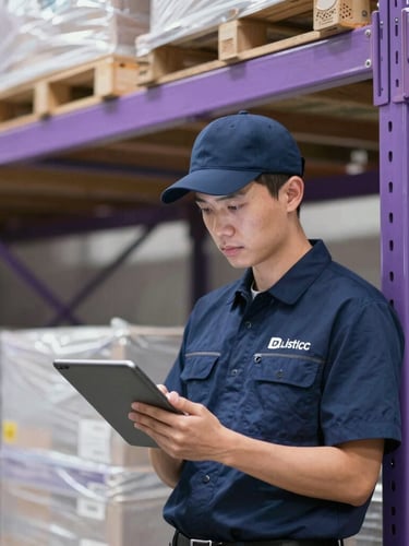 Logistics coordinator in a branded uniform using a digital tablet inside a high-bay warehouse, sharp focus, cool-toned violet ambient accents