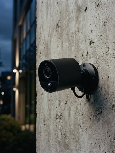 Sleek matte-black security camera mounted on a raw concrete wall, twilight architectural lighting, deep charcoal tones, sharp focus, 35mm