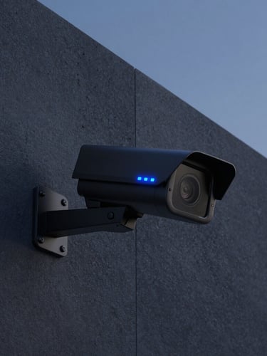 Close-up of a sleek matte-black security camera mounted on a textured concrete wall, clean architectural lines, electric-blue status light, sharp focus, 35mm