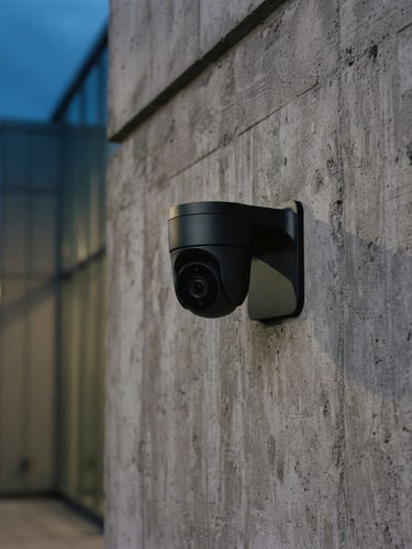 Sleek matte-black security camera seamlessly mounted on a raw concrete architectural wall, twilight, cool blue tones, sharp focus, 35mm