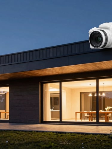 Wide architectural shot of a modern Lithuanian home at twilight, warm interior light glowing through large windows, sleek white camera mounted under the roof eaves, 35mm
