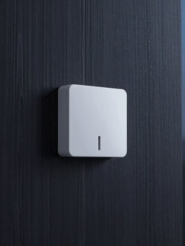 Minimalist white motion sensor mounted on a dark wood panel, soft architectural lighting, sharp focus, 35mm