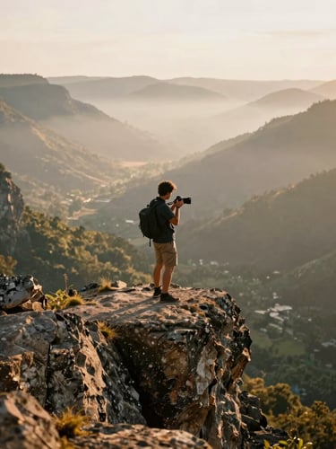 A creator on a rocky cliff overlooking a misty mountain valley at golden hour, holding a camera, wide-angle environmental shot.