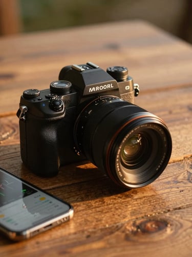 Close-up of a premium mirrorless camera resting on a rustic wooden table next to a smartphone showing analytics graphs, warm golden-hour light.