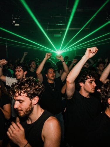 Gritty flash-exposed photography of a packed UK club night, high-contrast shadows, electric neon green laser beams cutting through a dense, sweaty crowd dancing.