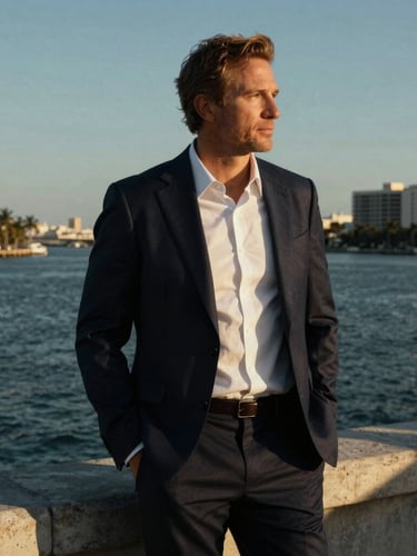 Cinematic, high-contrast editorial portrait of a luxury real estate developer overlooking Biscayne Bay at golden hour, dramatic shadows, heavy-stock print texture.