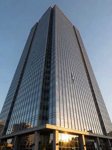 Low-angle architectural shot of a modern glass skyscraper in Brickell at golden hour, sharp shadows, warm light reflecting off Biscayne Bay in the background.