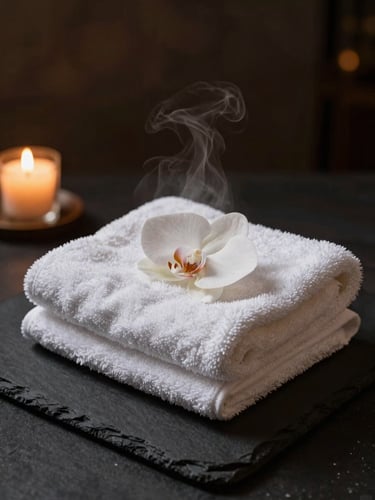 Folded plush white towels with a single orchid on top, clean dark slate surface, low-key warm lighting, moody atmosphere