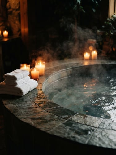 Moody spa photography, close-up of steaming private Jacuzzi tub with soft amber candlelight and folded plush white towels, deep shadows