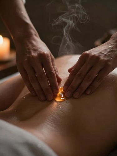 Moody close-up of professional hands applying warm amber oil to a back, soft candlelight, deep shadows, rich textures, shallow depth of field.
