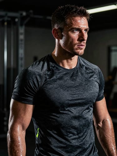 Dramatic high-contrast side-lit portrait of a sweating athlete in a dark gym, wearing a charcoal training t-shirt, sharp focus, 35mm lens
