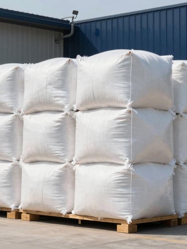 Portrait shot of raw cotton bales stacked neatly in a modern warehouse, crisp daylight illuminating the clean industrial environment, 35mm