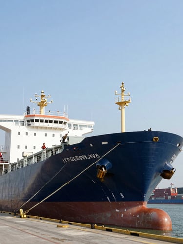Wide-angle environmental shot of a massive cargo vessel docked at a busy port, bright daylight, sharp corporate photography, deep navy hulls, 35mm