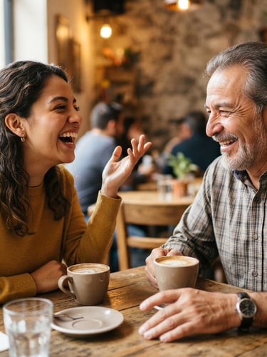 Medium close-up of a young Mexican woman and an older man laughing while talking over coffee, warm natural daylight, expressive hand gestures, shallow depth of field
