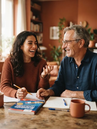 Medium close-up of a young woman and an older man laughing while practicing French pronunciation, bright natural daylight, warm terracotta tones, shallow depth of field