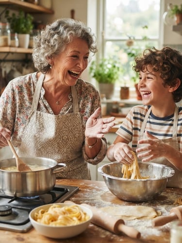 Medium close-up of a grandmother and grandson laughing together, gesturing expressively with their hands while cooking pasta in a warm, sunlit kitchen, shallow depth of field, natural daylight