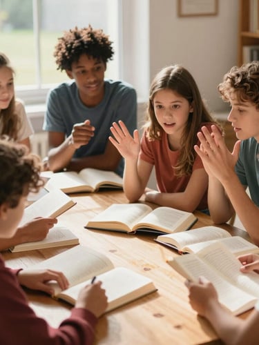 A cozy sunlit room where a small multi-generational group of students is discussing books, warm daylight, natural expressions, expressive hand gestures