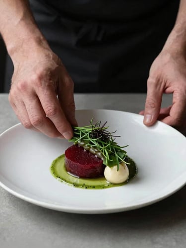 Portrait shot of a chef's hands delicately plating a Scandinavian-style dish on a minimalist table, soft natural side-light, moody shadows, shallow depth of field, deep red and forest green accents, editorial food photography, 35mm.
