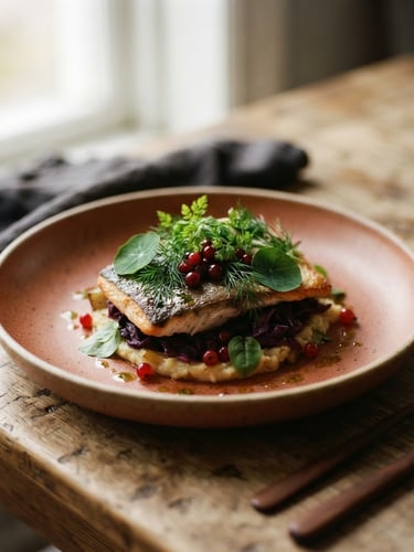 Wide shot of a beautifully plated, minimalist Scandinavian dish, soft natural side-light, shallow depth of field, deep red and forest green tones, 35mm.