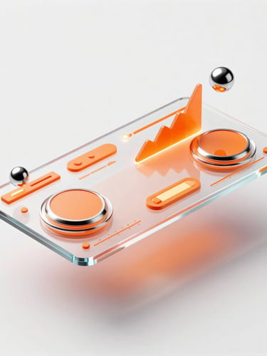 Dynamic isometric view of a floating glassmorphic dashboard with vibrant orange UI elements, glowing graphs, and chrome 3D spheres, clean studio lighting, sharp shadows, stark white background.