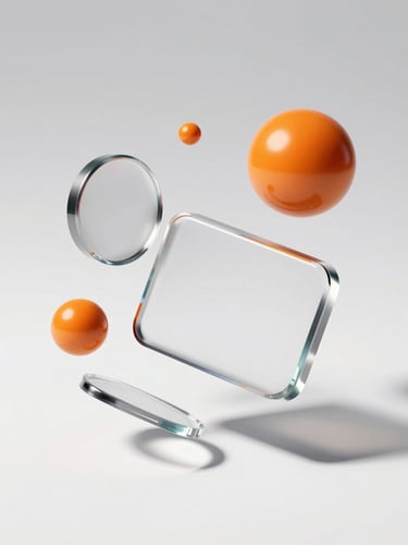 A dynamic isometric render of floating glassmorphic UI components and glossy orange spheres, casting sharp shadows on a clean white surface under studio strobe lighting