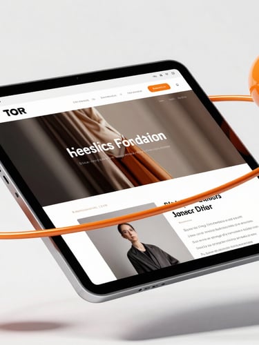 Dynamic perspective render of a floating 3D glassmorphic tablet showing a high-fidelity website interface, vibrant orange chrome geometric spheres orbiting, clean studio lighting with sharp directional shadows, white background