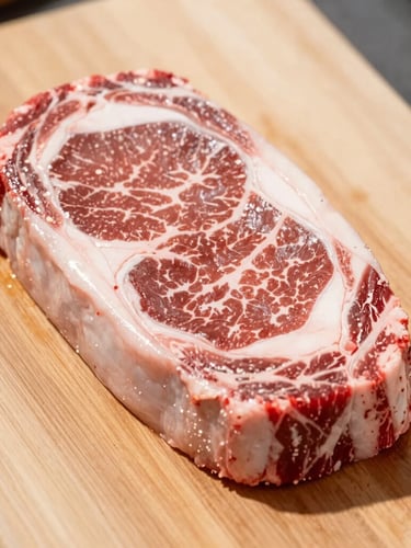 Close-up of freshly cut, beautifully marbled raw ribeye steak on a clean wooden butcher block, bright natural daylight, crisp food photography
