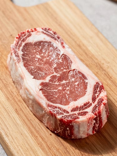 Crisp food photography, bright natural daylight, fresh raw beef ribeye steak on a clean wooden butcher block, high detail, 50mm lens
