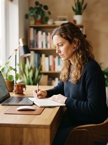 A professional working in a natural home office with soft window daylight, focused expression, modern clean workspace, shallow depth of field, 35mm photography