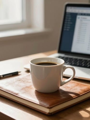A close-up of a professional desk with a ceramic coffee mug, a leather notebook, and a laptop displaying clean client management software, warm morning light, shallow depth of field.