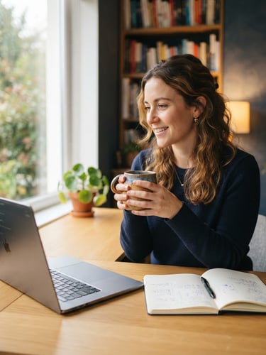 A professional working in a warm, daylight-filled home office, holding a ceramic mug, with a clean wooden desk and notebook, soft navy accents, shallow depth of field, 35mm