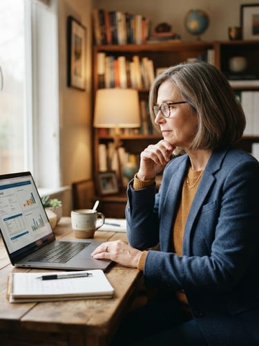 A professional environmental portrait of an insurance mentor in a warm, daylit home office, looking thoughtfully at a laptop, 35mm photography, shallow depth of field.