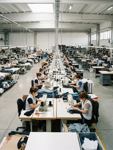 Wide panoramic view of a modern garment factory floor with clean, well-lit production lines, sewing machines, and workers focused on precision stitching. Bright industrial daylight, crisp details of textiles and machinery.