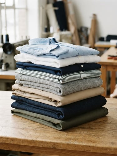 Clean lifestyle product photography of a neatly folded stack of premium casual shirts and tailored trousers, bright natural light, crisp textures, 35mm