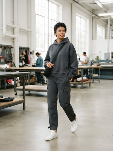 A stylish model wearing a custom drop-shoulder hoodie and cargo pants, in a clean, brightly lit industrial studio, subtle branding, crisp fabric details, professional corporate tones, 35mm.